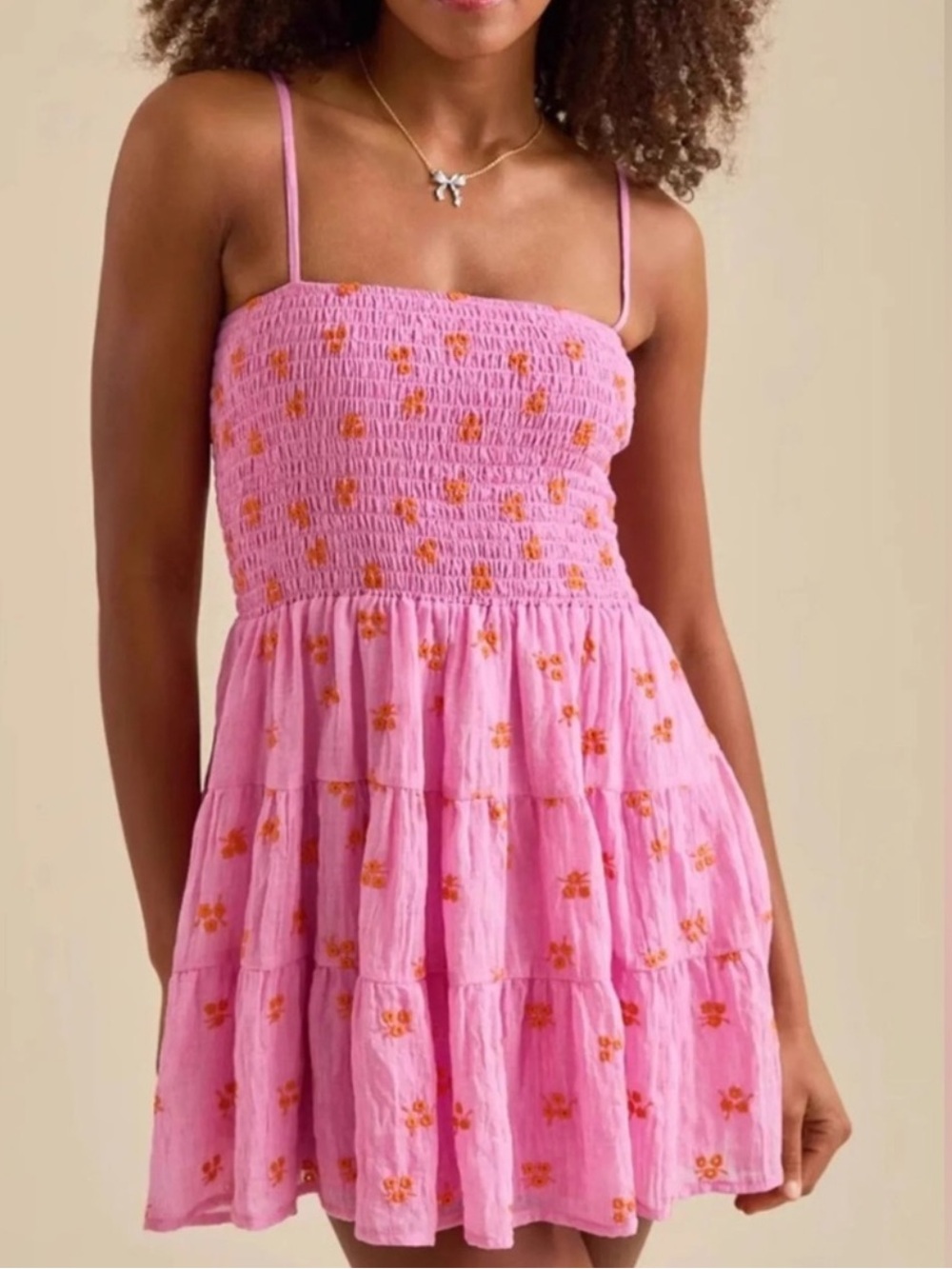 Altar'd State Pink Mini Smocked Tiered Sun Dress w/Floral Embroidery Size M